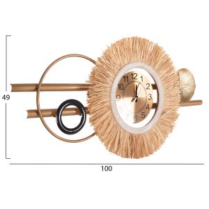 Wall clock metal and raffia fiber in earth tones 100x49cm Hm4200