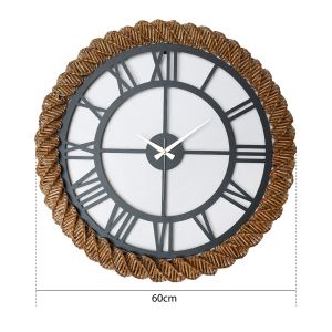 Wall clock, round, dark gray metal-woven straw in natural color Ф60cm (hm4337)