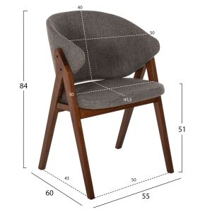 Стол Hanna Hm9746,02 от каучуково дърво цвят орех със сива дамаска 55x60x84hcm