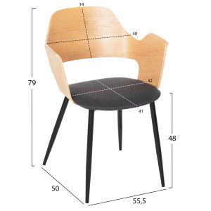 Стол Velp дърво в натурален цвят - черни метални крака - сива дамаска 55,5x50x79hcm Hm9616,02