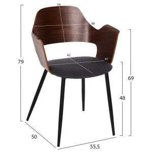 Стол Velp дърво цвят орех - черни метални крака - сива дамаска 55,5x50x79hcm Hm9616,04