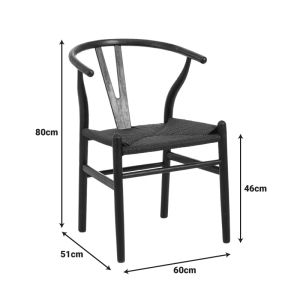 Стол Wishbone от каучуково дърво и въже в черен цвят 60x51x80см
