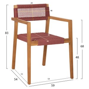 Стол с подлакътници Charlotte от тиково дърво с въже цвят керемидено розов 59x54x83hcм Hm9637,06