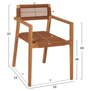 Стол с подлакътници Charlotte от тиково дърво с кафяво въже 59x54x83hcм Hm9637,01