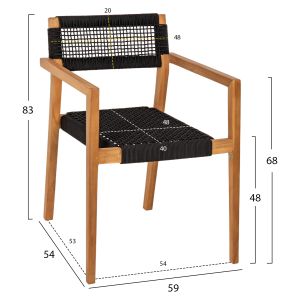 Стол с подлакътници Charlotte от тиково дърво с черно въже 59x54x83hcм Hm9637,02