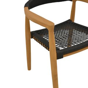 Стол с подлакътници Ganny масивно тиково дърво и въжена седалка в черно 59x56x71см