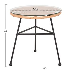 Странична масичка кръгла черен метал Allegra – бежов ратан-стъкло D45x46hcm Hm5459,11