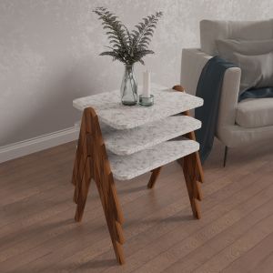 Side tables 3pcs, set reacher melamine in walnut-white marble top 40x30x40hcm Hm18176