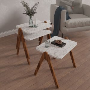Side tables 3pcs, set reacher melamine in walnut-white marble top 40x30x40hcm Hm18176