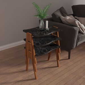 Side tables 3pcs, melamine in walnut-black marble top 45x35x40hcm Hm18175
