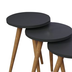 Perjene side tables set of 3, anthracite melamine and wooden legs