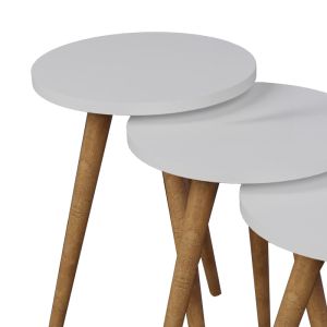 Perjene side tables set of 3, white melamine and wooden legs