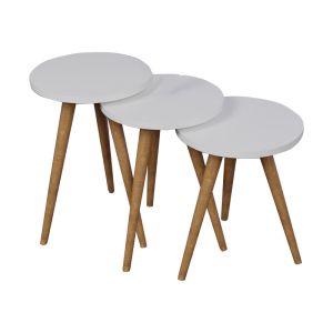 Perjene side tables set of 3, white melamine and wooden legs