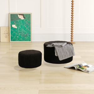 Табуретка - пуф Gabello букле плат в черен цвят D44x26.5см