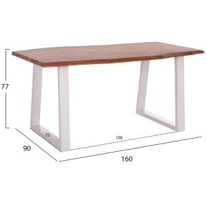 Dining table Montana Hm8336.12 tropical acacia solid wood - 4 cm surface thickness - white legs 160x90x77 in cm.
