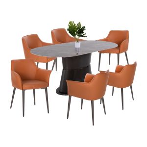 Dining set 7 pieces - Bent oval table 6 Helm armchairs Camel color Hm11974
