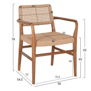 Dining chair Rosco Hm6132 teak in natural-veined rope in beige 56x54.5x78hcm.