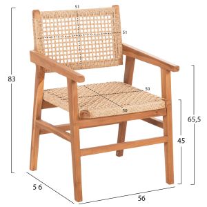 Трапезен стол с подлакътници Bjorn от масивна тикова дървесина - въже 56x56x83hcm ,21, Hm9403