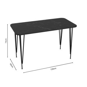 Palkon dining table with black marble top made of melamine and black metal legs 120x60x73cm