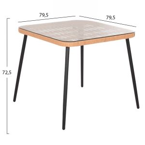 Square dining table Allegra Hm5536,11 black Metal-p,e, natural rattan 79,5x79,5x72,5hcm