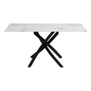 Dining table with white marble glass top and black metal legs 140x80x75cm