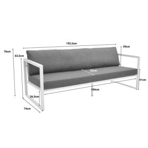 THREE-SEATER SOFA AURELIO METALLIC IN WHITE - CUSHIONS IN ANTHRACITE NUANCE 192X74X63CM