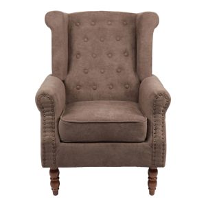 Фотьойл Piore Chesterfield Тъмнокафявa текстилна дамаска и крака от каучуково дърво в цвят орех 77x80x106cm