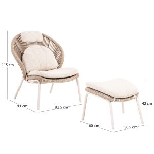 Armchair with footrest Riven Sm6395.01, aluminum-beige cushion, ivory color, 86.5x89.5x115h