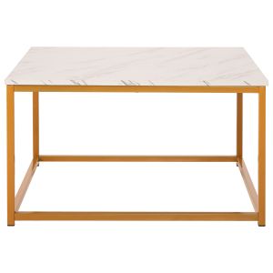 Coffee table Braylen Hm8942,11 made of melamine white color with marble effect and gold metal base 75x75x43hcm