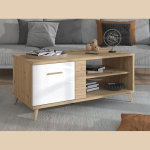 Coffee table Bretagna, artisan oak color and white gloss 120x60x53.5cm