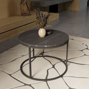 Drion coffee table made of melamine top in black marble color with black metal legs D60x40cm
