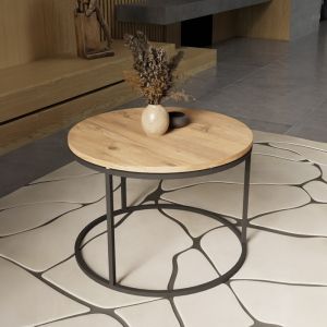 Drion coffee table made of oak-colored melamine with black metal base D60x40cm