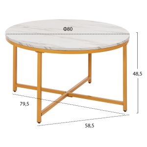 Coffee table Hm9420.01 made of melamine with white marble effect top and gold metal legs D80x48.5hcm