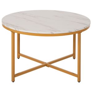 Coffee table Hm9420.01 made of melamine with white marble effect top and gold metal legs D80x48.5hcm