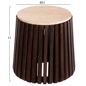 Coffee table Krest Hm9711 made of solid acacia in light brown color with a white travertine top D50x50hcm