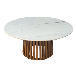 Coffee table Marble tropical acacia wood solid natural marble top D100x45cm