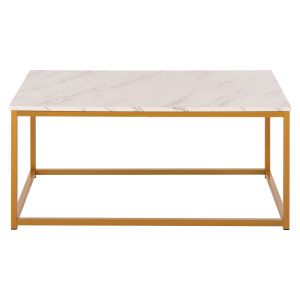 Coffee table Saffron Hm8975.11 made of melamine white top with marble effect and gold metal base 95x55x43.5hcm