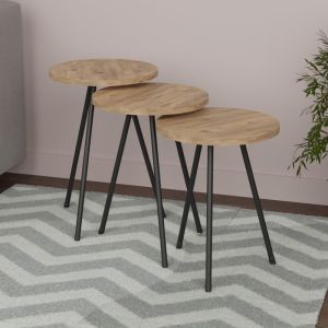 Coffee table Sebko set of 3 pieces made of oak-colored melamine with black metal base