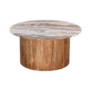 Sergy coffee table set of 2 pieces, solid acacia wood in natural color and marble top