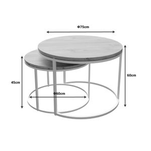 Coffee table Solme, 2 pieces, white metal and melamine in a natural shade 60x75x45cm