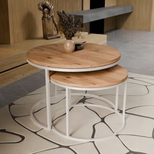 Coffee table Solme, 2 pieces, white metal and melamine in a natural shade 60x75x45cm