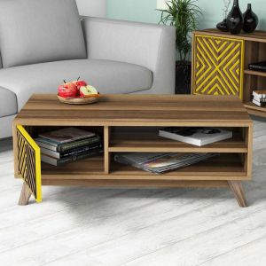 Melamine coffee table with cabinet in walnut and yellow Hm9502.04