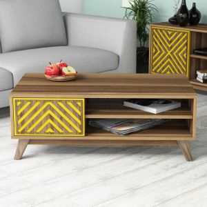 Melamine coffee table with cabinet in walnut and yellow Hm9502.04