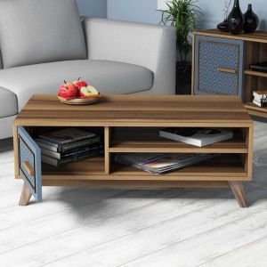 Coffee table made of walnut-colored melamine with blue element Hm9497.02 105x60x38.2hcm