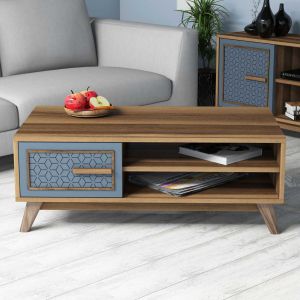 Coffee table made of walnut-colored melamine with blue element Hm9497.02 105x60x38.2hcm
