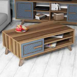 Coffee table made of walnut-colored melamine with blue element Hm9497.02 105x60x38.2hcm
