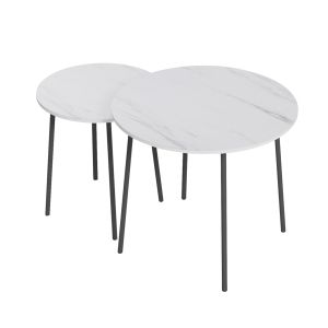 Coffee tables 2 pcs, round Cupper, melamine in white marble-black metal D55x45hcm Hm9878,12