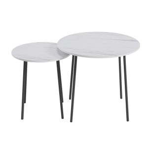 Coffee tables 2 pcs, round Cupper, melamine in white marble-black metal D55x45hcm Hm9878,12