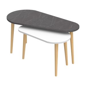 Coffee tables 2pcs Aprilia melamine in black marble and white-wooden legs in natural 95x47x47hcm Hm18179