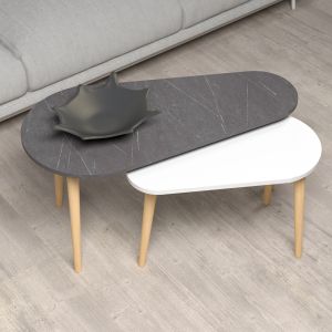 Coffee tables 2pcs Aprilia melamine in black marble and white-wooden legs in natural 95x47x47hcm Hm18179